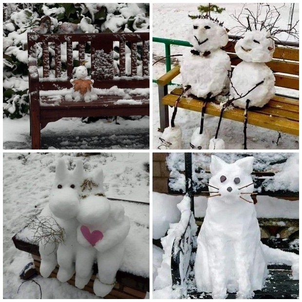 Снежные фигуры на лавочке